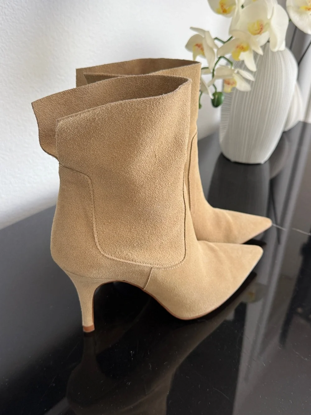 Zara Beige Suede Pointed-Toe Ankle Booties